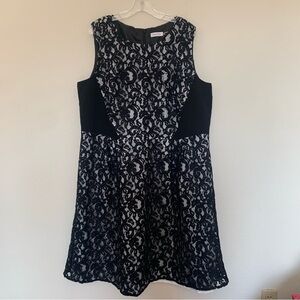 Calvin Klein Black White Lace Fit & Flare Knee Length Dress 20W Classic Evening